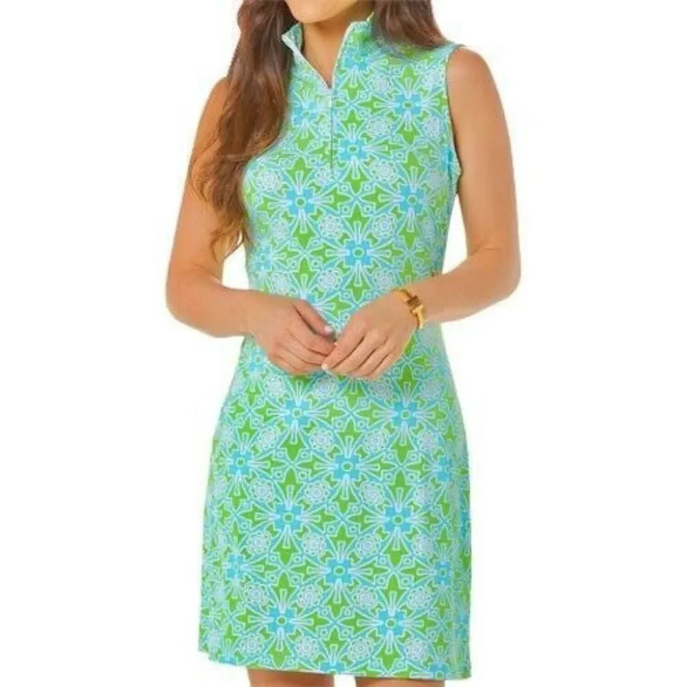 IBKUL Moroccan Tile Mock Neck Dress S Turq/Lime Sleeveless Zip Golf UPF 50